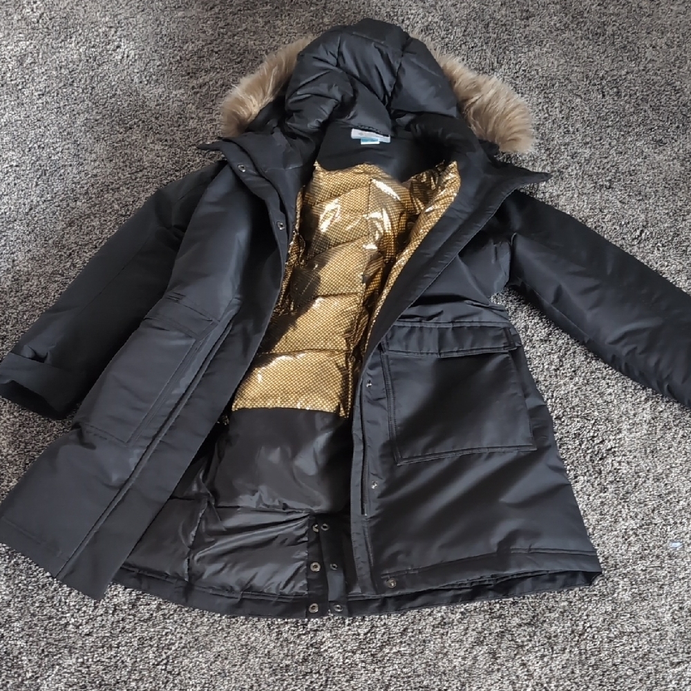 Black Columbia Coat with Faux Fur Hood